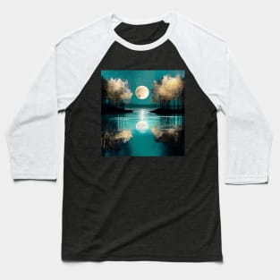 Teal Blue Serene Lake Reflections Full Moon Metallic Baseball T-Shirt